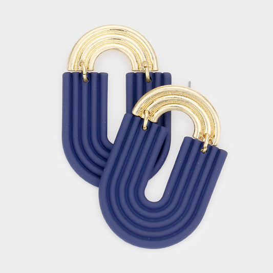 Blue Curved Metal Link Earrings