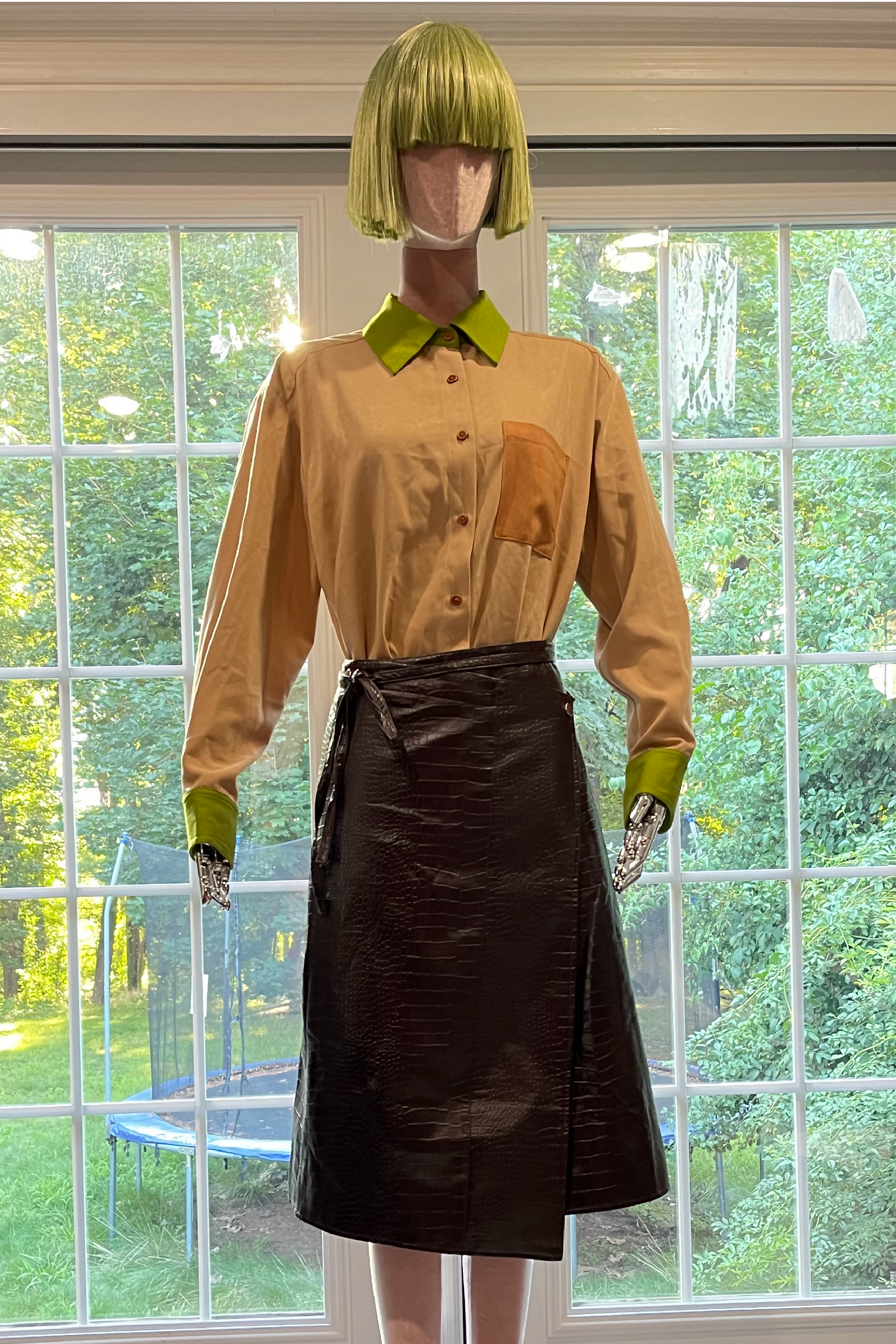 Khaki faux 2025 leather skirt