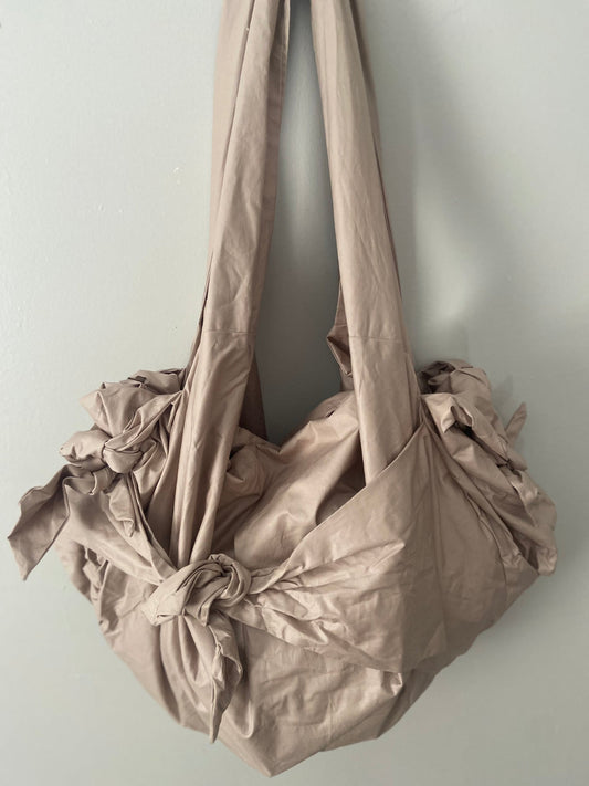 Ribbon Accent Slouch Shoulder Bag - Tan