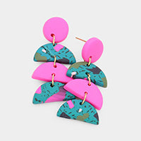 Fuchsia Patterned Half Round Clay Link Dangle Earrings