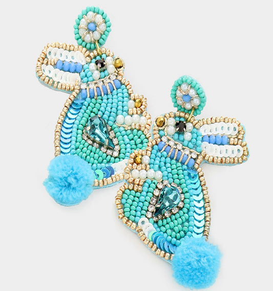 Pom Pom Beaded Bunny Earrings BLUE