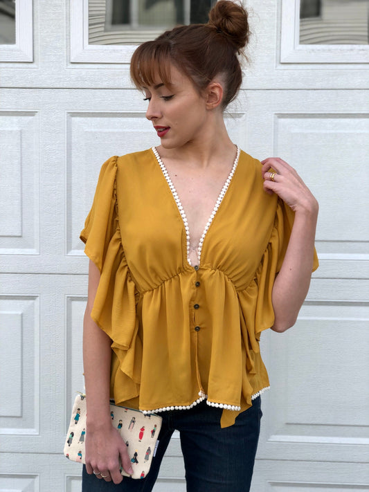 V Neck Butterfly Sleeve Blouse