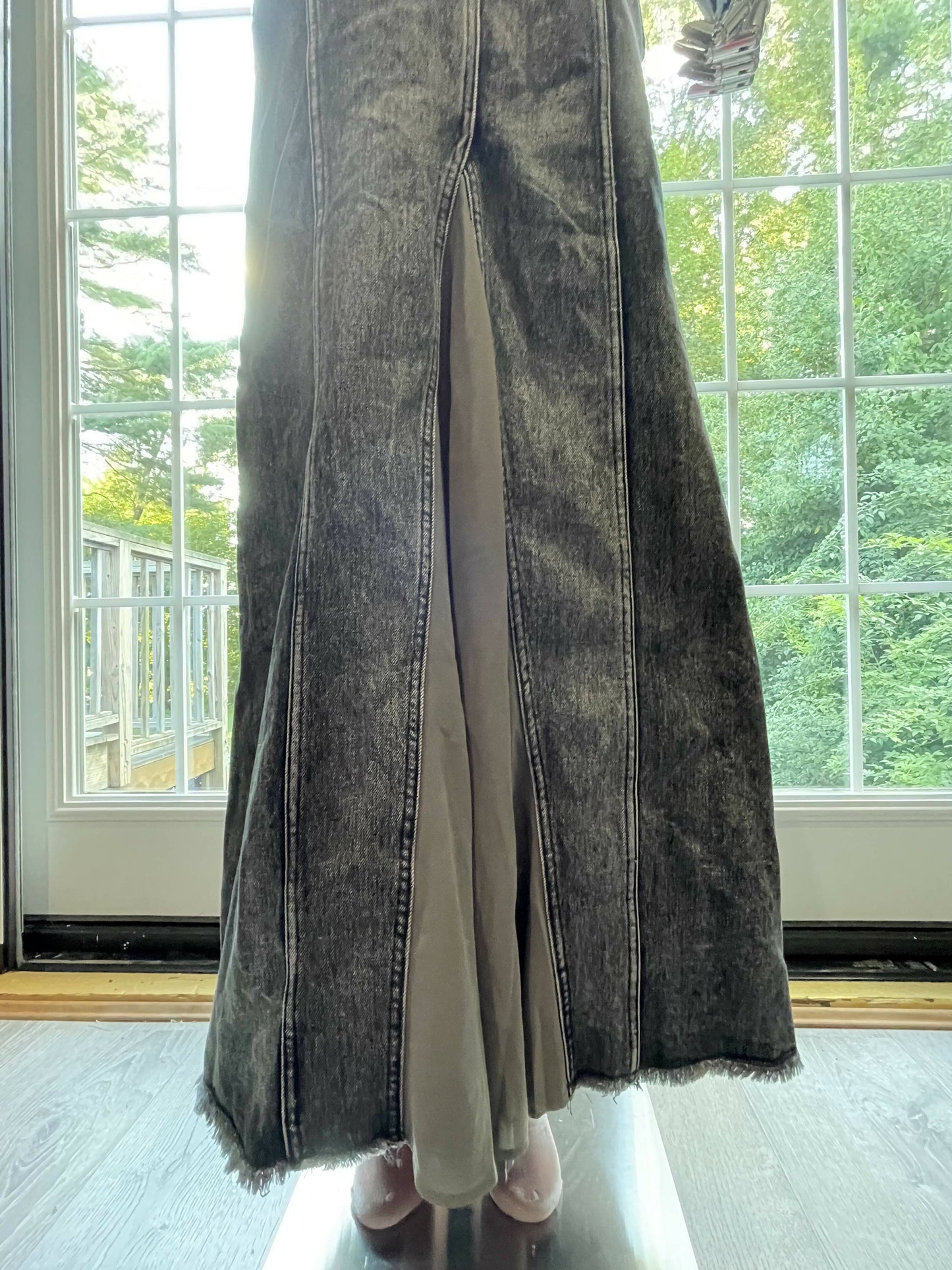Enigmatic Urban Fusion: The Transcendent Denim Suspender Maxi Dress