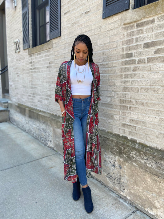 SCARF PRINT LONG CARDIGAN