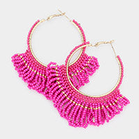 Fuchsia Metal Hoop Seed Beaded Fringe Earrings