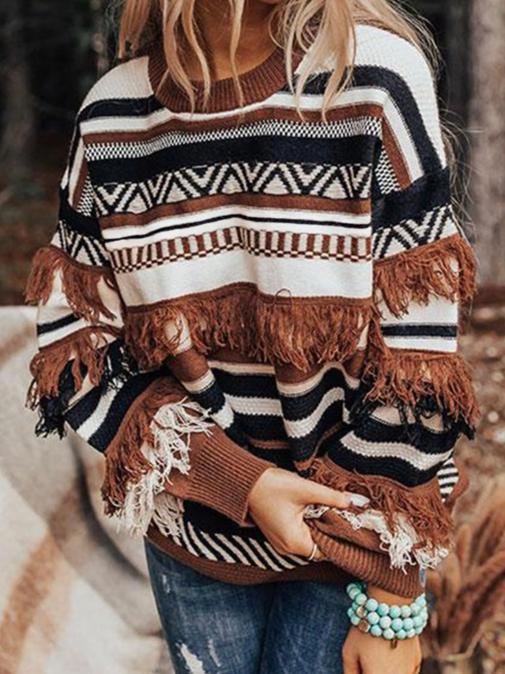Aztec Print Fringe Stripe Sweater
