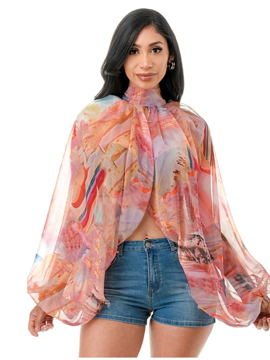 Sheer Long Balloon Sleeve Blouse