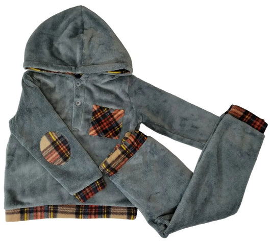 Plush Hoodie Set - Charcoal Plaid