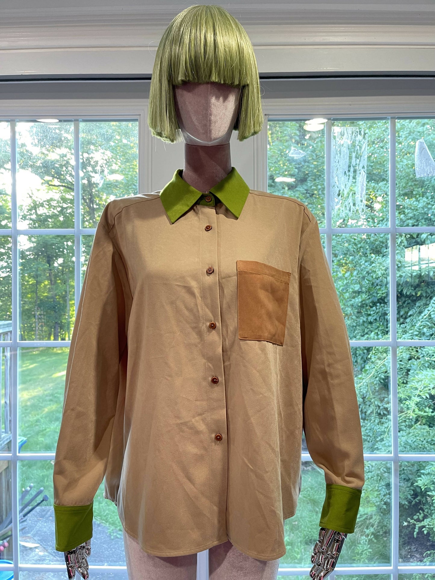 Versatile Contrasts: Khaki Green Long Sleeve Button-Down Shirt
