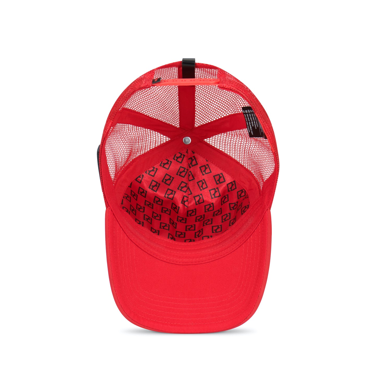 Red trucker hat partch inside view with red satin