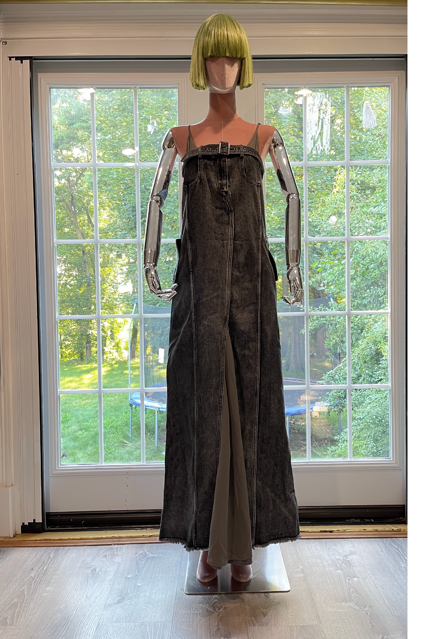 Enigmatic Urban Fusion: The Transcendent Denim Suspender Maxi Dress