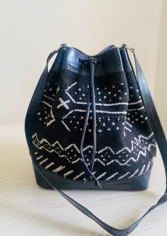 Black and White Bogolan Genuine Leather Bucket Bag