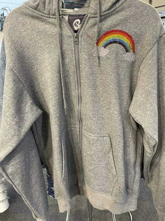 Grey zipper with hoodie sweatshirt with rainbow rhinestone applique. Rhinestone with hamsa on back