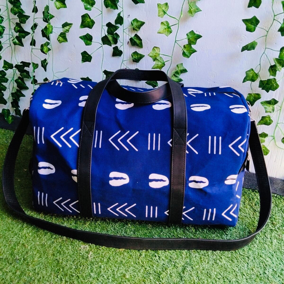 Blue Cowrie African Print and Vegan Leather Weekend Bag