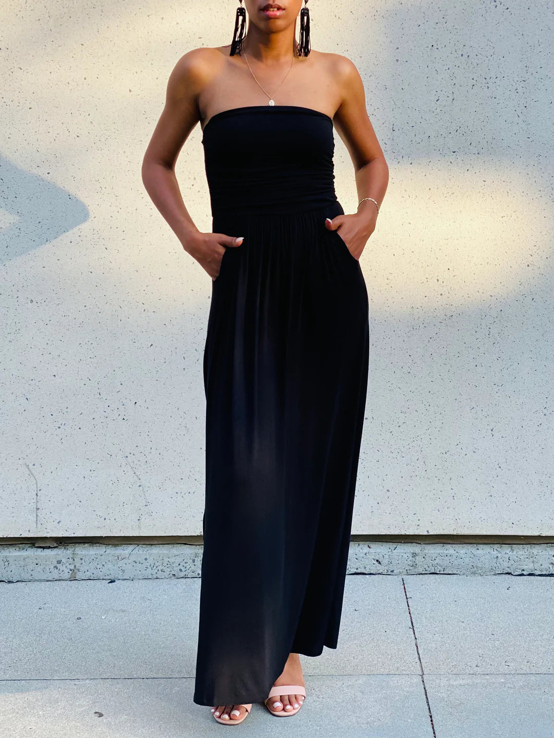 Tube Top Ruched Maxi Dress w/ Pockets