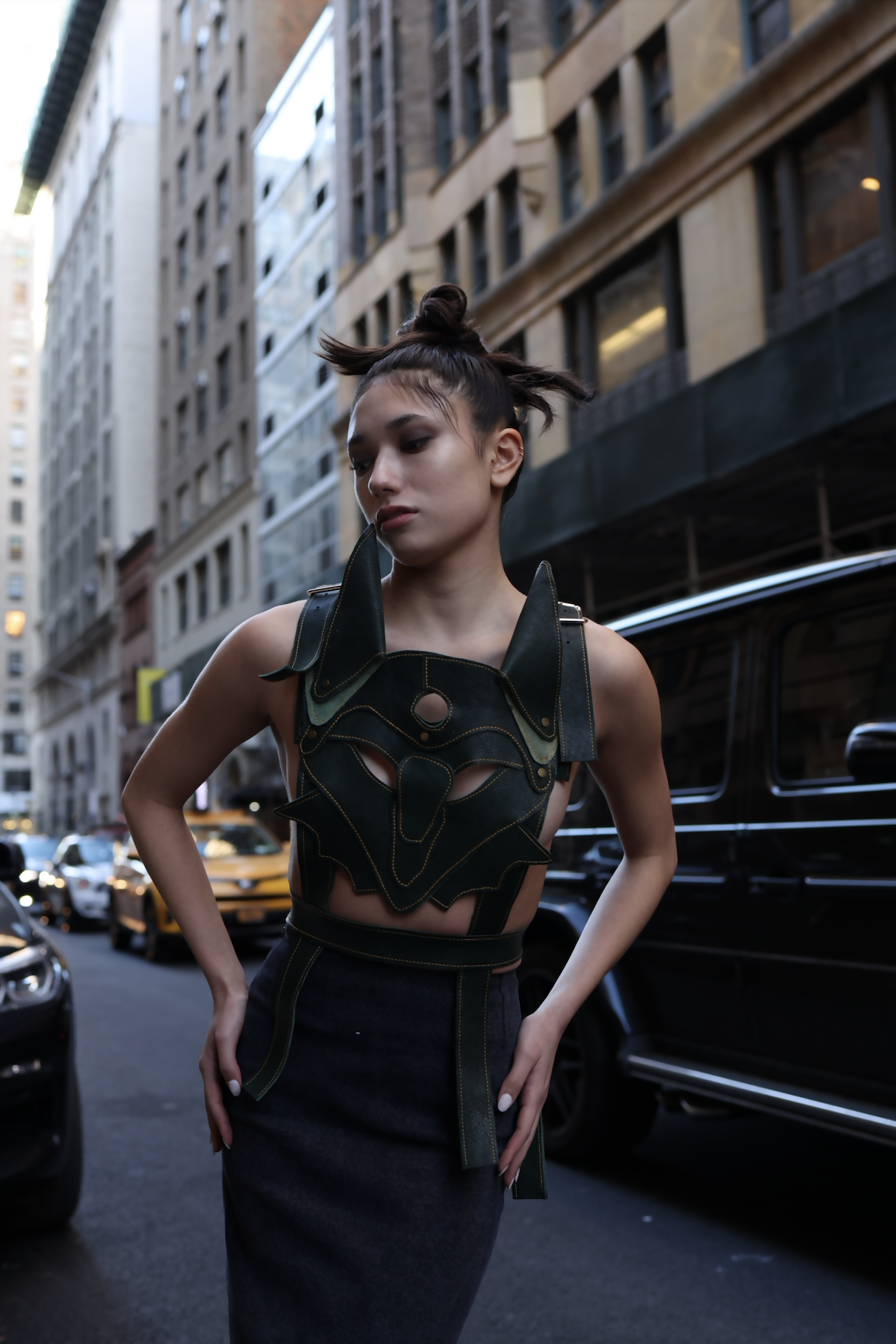 Whimsical Fox Elegance: Dark Green Leather Vest with 3D Design
