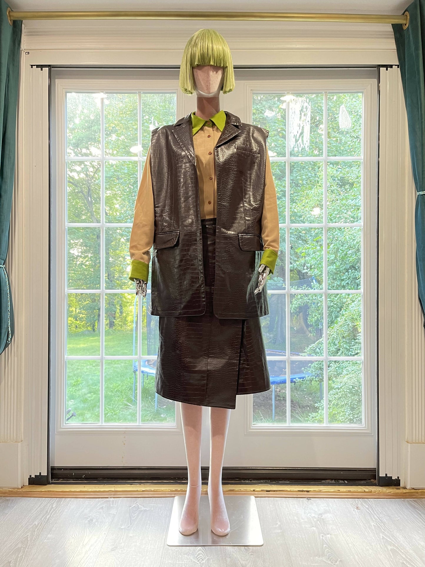Asymmetric Allure: Dark Khaki Wrapped Faux Leather Skirt