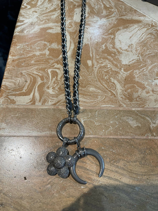 Leather and sterling chain with diamond pendants